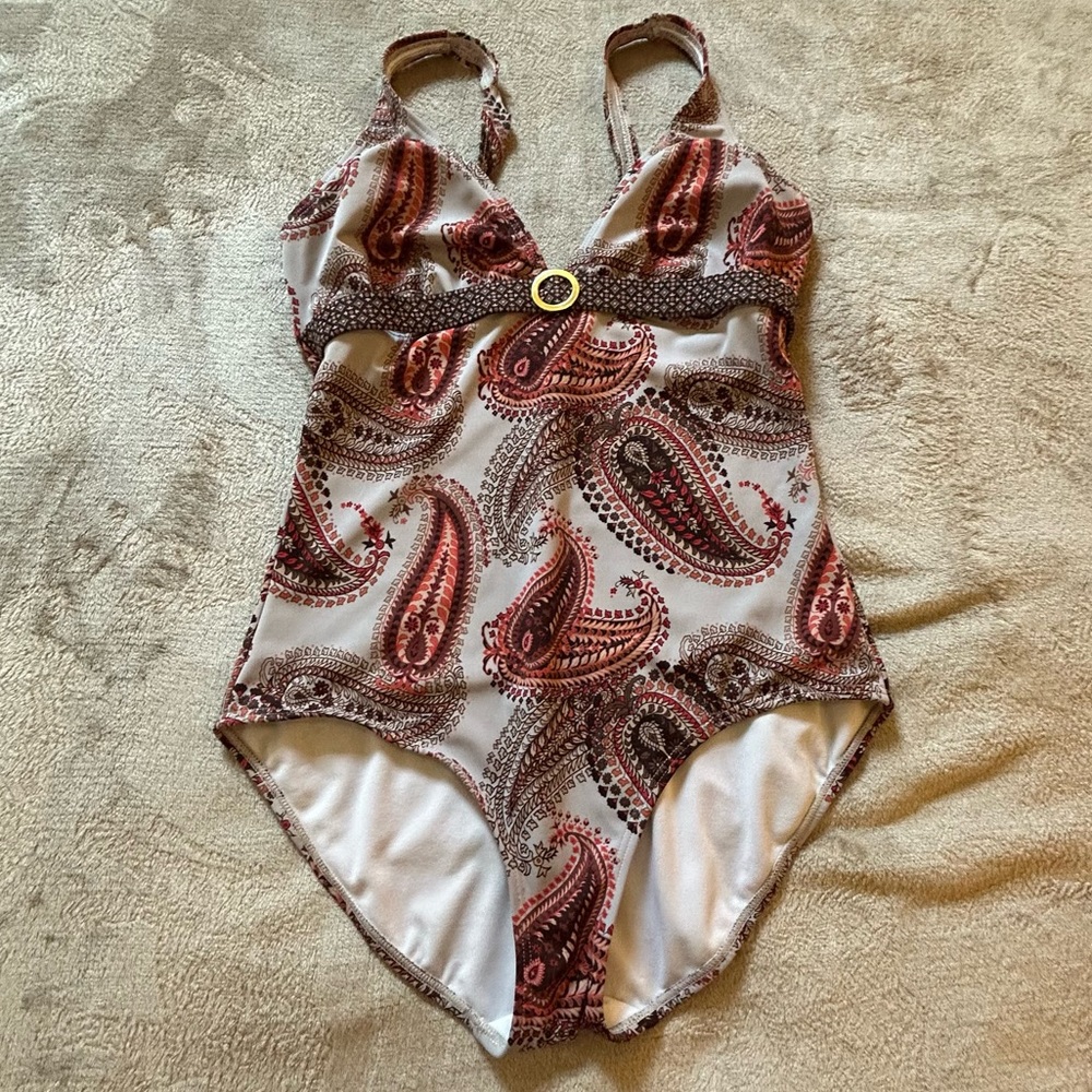 Merona brown white paisley southwest gold band one piece swimsuit Size L